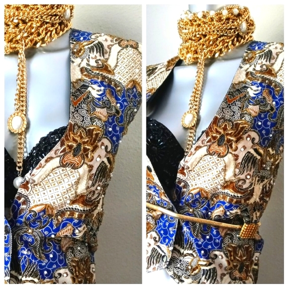 "WESTERN TRIBAL" Vintage "ART to WEAR" Ethnic Beaded Graphics Snap Buttons Vest - Picture 5 of 13